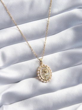 Erb 316L Çelik Gold Renk Gül Model İnci Detay Kadın Kolye
