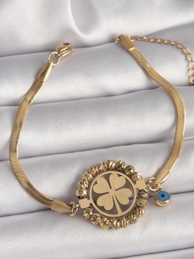 Erb 316L Çelik Gold Renk İtalyan Zincir Model Dorika Yonca Figür Nazar Boncuk Detay Kadın Bileklik