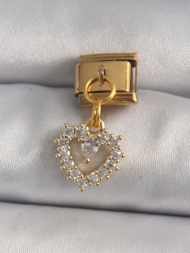 Erb 316L Çelik Gold Renk Sallantı Zirkon Taşlı Kalp Model Nomination Charm