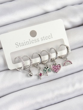 Erb Pirinç Zirkon Taşlı Karpuz Yonca Kalp Pusula Karışık Model Gümüş Renk 6\'lı Set Kadın Küpe