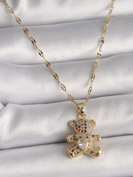 Erb 316L Çelik Gold Renk Zincir Renkli Zirkon Taşlı Ayıcık Figür Taşlı Kalp Detay Kadın Kolye
