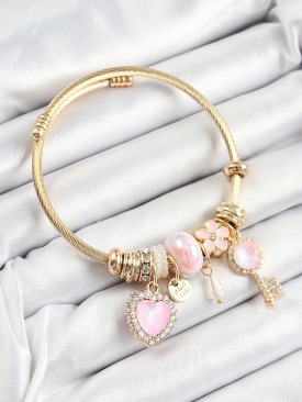 Erb 316L Çelik Pembe Zirkon Taşlı Anahtar Ve Kalp Model Gold Renk Charm Bileklik