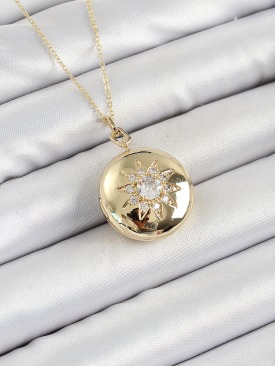 Erb 316L Çelik Zincir Açılabilir Madalyon Model Zirkon Taşlı Gold Renk Kadın Kolye