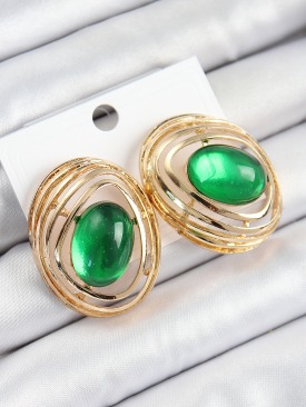 Erb Pirinç Zümrüt Yeşili Zirkon Taşlı Oval Model Gold Renk Kadın Küpe