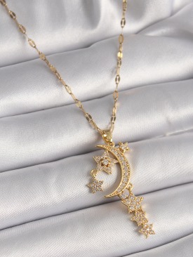 Erb 316L Çelik Gold Renk Zincir Zirkon Taşlı Hilal Yıldız Figür Sallantı Detay Kadın Kolye