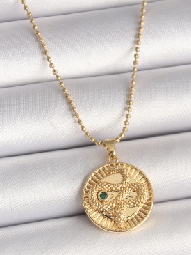 Erb 316L Çelik Gold Renk Topçuk Zincir Yılan İşlemeli Zirkon Taş Detaylı Madalyon Model Kadın Kolye