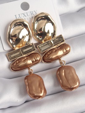 Erb Pirinç Gold Renk Zirkon Taşlı Kahverengi İnci Ezme Model Vintage Kadın Küpe