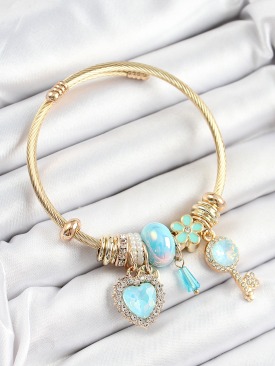 Erb 316L Çelik Mavi Zirkon Taşlı Anahtar Ve Kalp Model Gold Renk Charm Bileklik