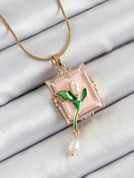 Erb 316L Çelik Zincir Pembe Sanatsal Portre Sallantılı İnci Detaylı Lale Model Gold Renk Kadın Kolye