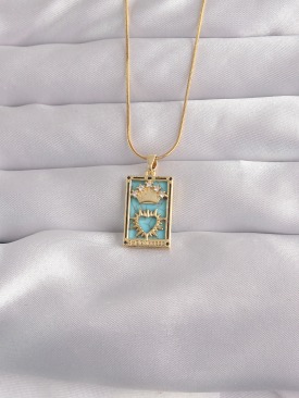 Erb 316L Çelik Gold Renk Zirkon Taşlı Mavi Mineli Taçlı Kalp Figür Tarot Kolye