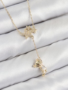 Erb Pirinç Zirkon Taşlı Sallantılı Ayıcıklı Yıldız Model Gold Renk Kadın Kolye