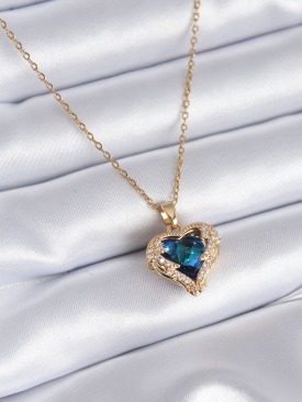Erb 316L Çelik Gold Renk Kristal Taşlı Kalp Model Zirkon Taşlı Kadın Kolye