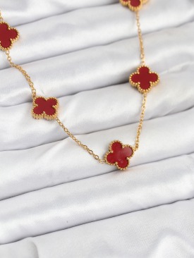 Erb 316L Çelik Gold Renk Zincir Bordo Yonca Kadın Kolye