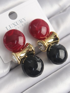 Erb Pirinç Gold Renk Zirkon Taş Detay Kırmızı Siyah Doğal Taşlı Vintage Kadın Küpe
