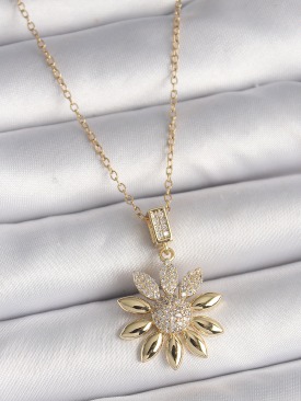 Erb 316L Çelik Gold Renk Zincir Zirkon Taşlı Çiçek Model Kadın Kolye