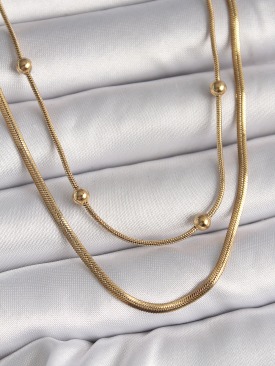 Erb 316L Çelik Gold Renk 2\'Li Zincir İtalyan&Tüp Zincir Topçuk Detay Kadın Kolye