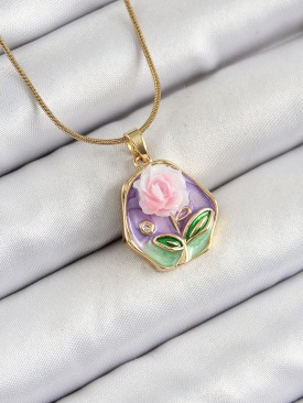 Erb 316L Çelik Zincir Zirkon Taşlı Pembe Ve Mor Sanatsal Portre Gül Figürlü Beşgen Model Gold Renk Kadın Kolye