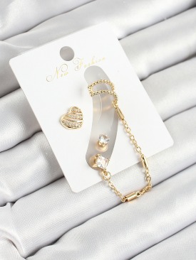 Erb Pirinç Kalp Figürlü Zirkon Taşlı Gold Renk 3\'lü Kıkırdak Kadın Küpe Set