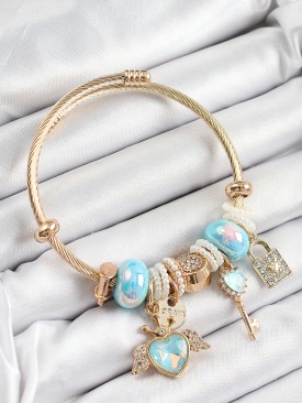 Erb 316L Çelik Mavi Zirkon Taşlı Kilit Anahtar Ve Kalp Model Gold Renk Charm BileklikCharm Bileklik