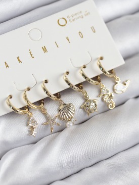 Erb Pirinç Zirkon Taşlı İstiridye Balina Ve Yıldız Gold Renk 6\'lı Küpe Set