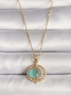 Erb 316L Çelik Gold Renk Zirkon Taşlı Yeşil Sedefli Hilal Model Kadın Kolye
