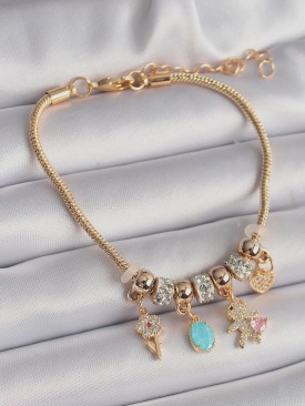 Erb 316L Çelik Gold Renk Zincir Sallantı Zirkon Taşlı Ayıcık Model Charm Kadın Bileklik
