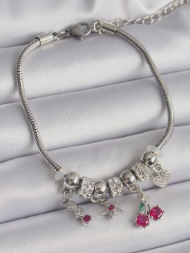 Erb 316L Çelik Gümüş Renk Zincir Sallantı Zirkon Taşlı Kiraz Model Charm Bileklik
