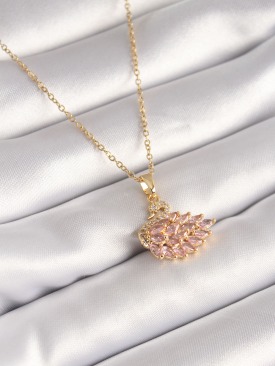 Erb 316L Çelik Gold Renk Zincir Pembe Zirkon Taşlı Kuğu Model Kadın Kolye