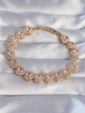 Erb Vip Seri Pirinç Gold Renk Pembe Zirkon Taşlı Kalp Tasarımlı Bileklik