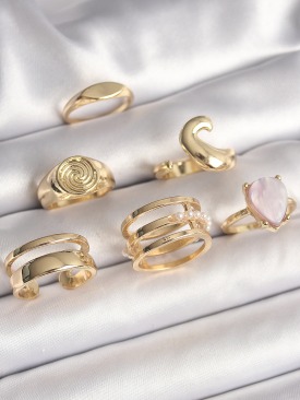 Erb Pirinç Gold Renk Pembe Damla Mineli Sarmal İşleme Detaylı 6\'Lı Kadın Yüzük Seti