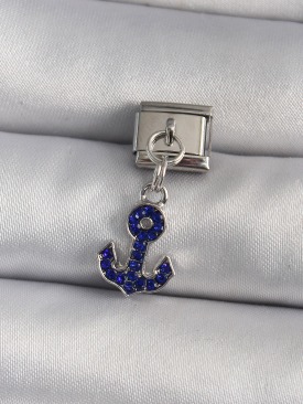 Erb 316L Çelik Gümüş Renk Sallantı Mavi Zirkon Taşlı Çapa Model Nomination Charm