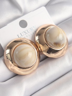 Erb Pirinç Gold Renk Beyaz Doğal Taşlı Daire Model Vintage Kadın Küpe