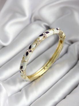 Erb Mineli Pirinç Siyah Çiçek Desenli Zirkon Taşlı Gold Renk Kadın Kelepçe (çap 60 Mm)