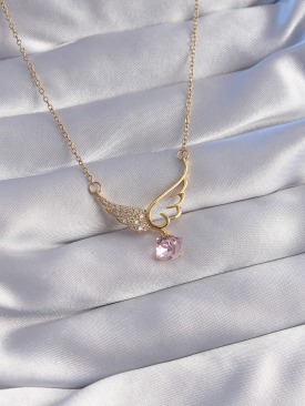 Erb 316L Çelik Zincir Gold Renk Pembe Zirkon Taşlı Melek Kanatlı Kolye