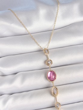 Erb Pirinç Zincir Gold Renk Pembe Zirkon Taşlı Y Kolye
