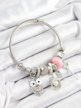 Erb 316L Çelik Pembe Zirkon Taşlı Baykuş İstiridye Ve Anahtar Model Gümüş Renk Charm Bileklik