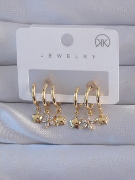 Erb Pirinç Gold Renk Zirkon Taşlı Çiçek Model Yıldızlı Çoklu Görünüm Yarım Halka Küpe