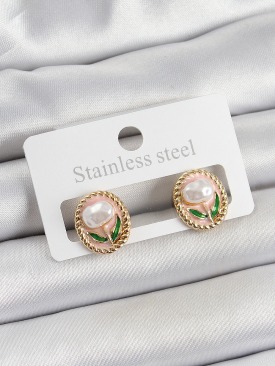 Erb Pirinç Pembe Mineli Lale Figürlü Sanatsal Portre Model Gold Renk Kadın Küpe