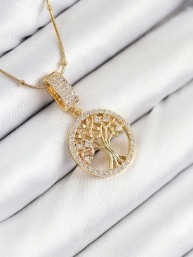 Erb 316L Çelik Zirkon Taşlı Hayat Ağacı Model Gold Renk Kadın Kolye