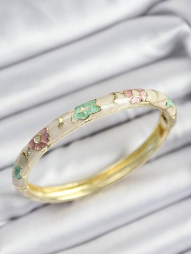 Erb Mineli Pirinç Pembe Yeşil Ve Krem Çiçek Motifli Gold Renk Kadın Kelepçe