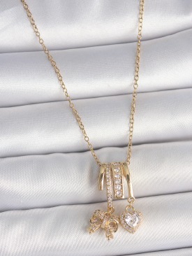 Erb 316L Çelik Gold Renk Sallantı Fiyonk Kalp Figür Charm Kadın Kolye