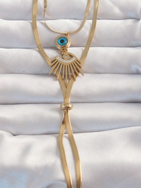 Erb 316L Çelik Gold Renk Zirkon Taşlı Göz Detay Nazarlı Uzun Asansör Model Kolye