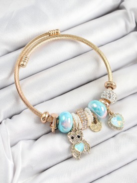 Erb 316L Çelik Mavi Zirkon Taşlı Ayıcık Ve Kalp Model Gold Renk Charm Bileklik