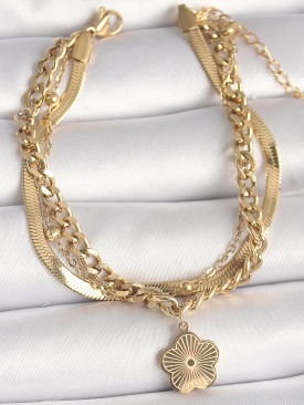 Erb 316L Çelik Gold Renk 3\'Lü İtalyan Kalın Zincir Model Sallantı İşlemeli Yonca Figür Kadın Bileklik