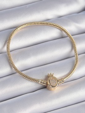 Erb 316L Çelik Zincir Gold Renk Zirkon Taşlı Taç Charm Model Kadın Bileklik