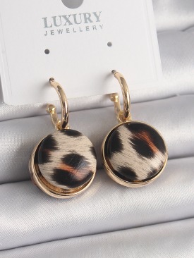 Erb Pirinç Gold Renk Leopar Desenli Daire Model Kadın Küpe