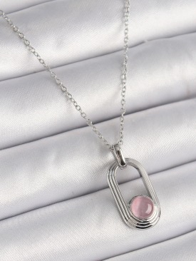 Erb 316L Çelik Gümüş Renk Zincir Pembe Kedi Göz Model Kadın Kolye