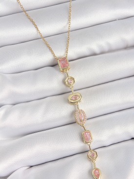 Erb 316L Çelik Gold Renk Zincir Pembe Zirkon Taşlı Y Model Dekolte Kadın Kolye
