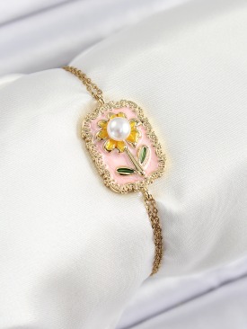Erb 316L Çelik Zincir Pembe Mineli Sanatsal Portre İnci Detaylı Papatya Model Gold Renk Kadın Bileklik