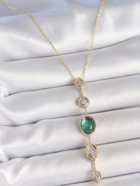 Erb Pirinç Zincir Zümrüt Yeşil Gold Renk Zirkon Taşlı Y Kolye